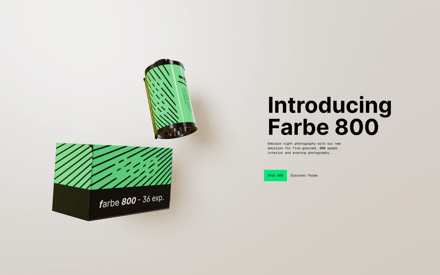 Farbe film store landing page featuring a 3D film roll and product box