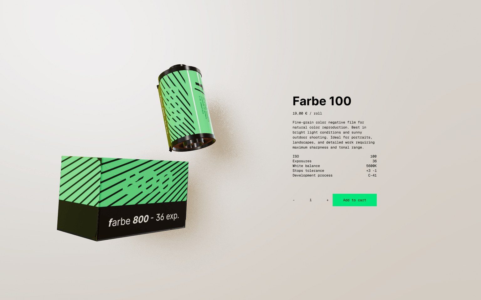Farbe 100 film product page with 3D packaging and product details